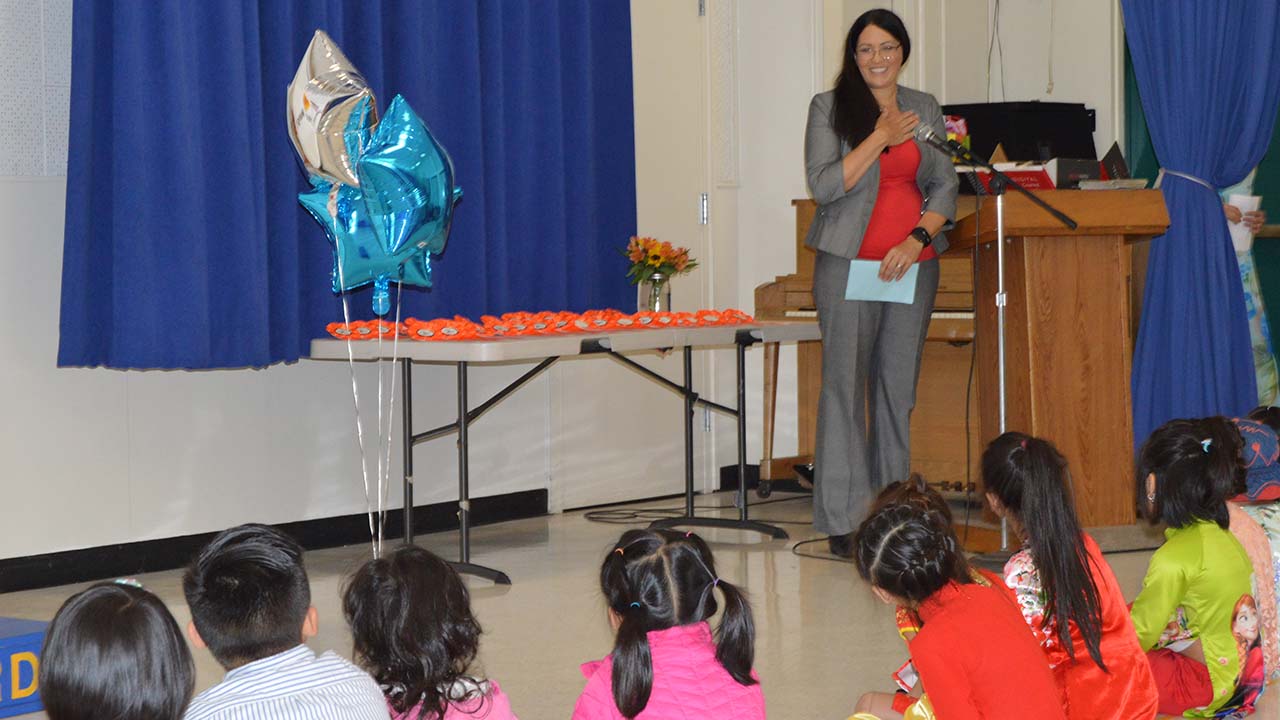 Principal Marcie Griffith standing in front of the class